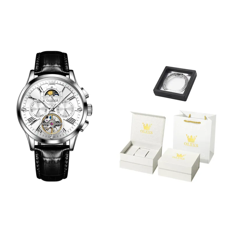 OLEVS Wisdom Series Mechanical Movement Leather Strap Watch Men's Watches Black Dial-35