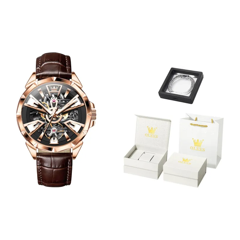 OLEVS Play The Cool Series Mechanical Movement Leather Watch Bands Watch Men's Watches Black Dial-17
