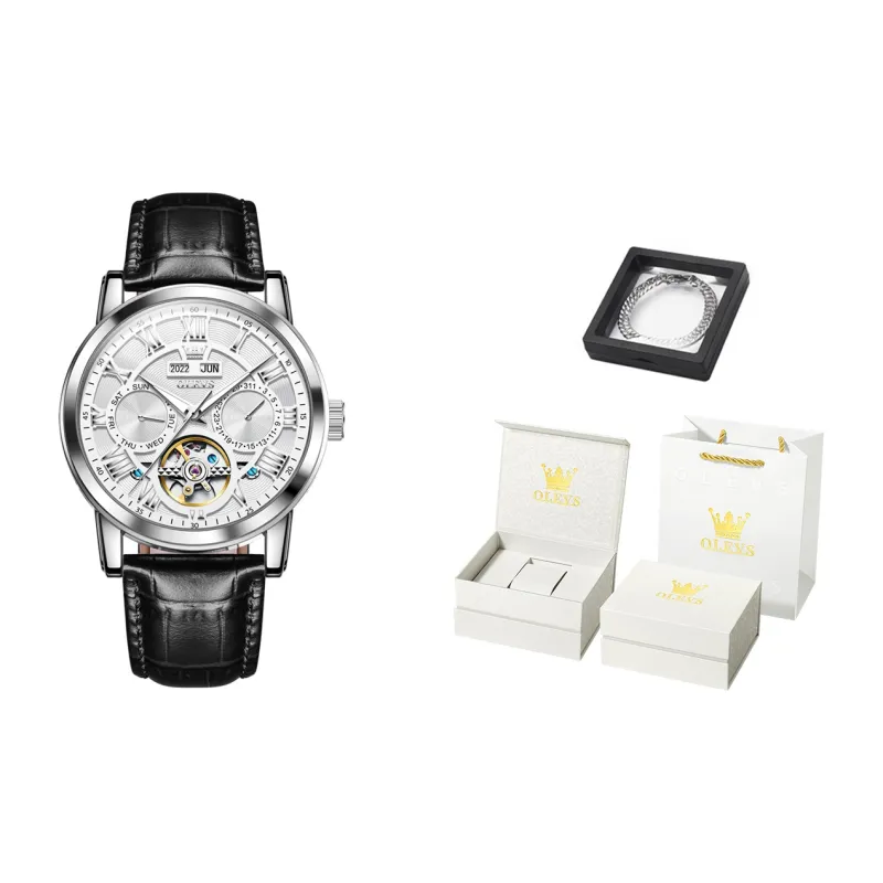 OLEVS Play The Cool Series Automatic Mechanical Movement Leather Strap Watch Men's Watches White Dial-10