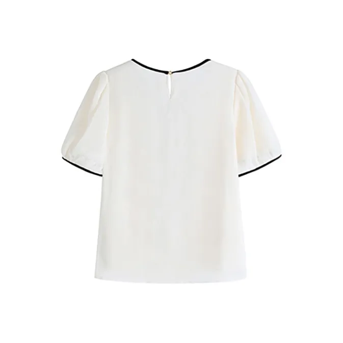 DOKZB Summer Puff Sleeve T Shirt Women's Beige-1