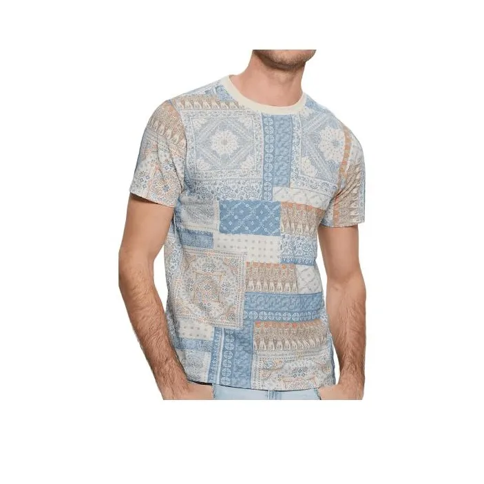 GUESS Eco Linen-Blend Tile Tee T-Shirt Men's Blue-0