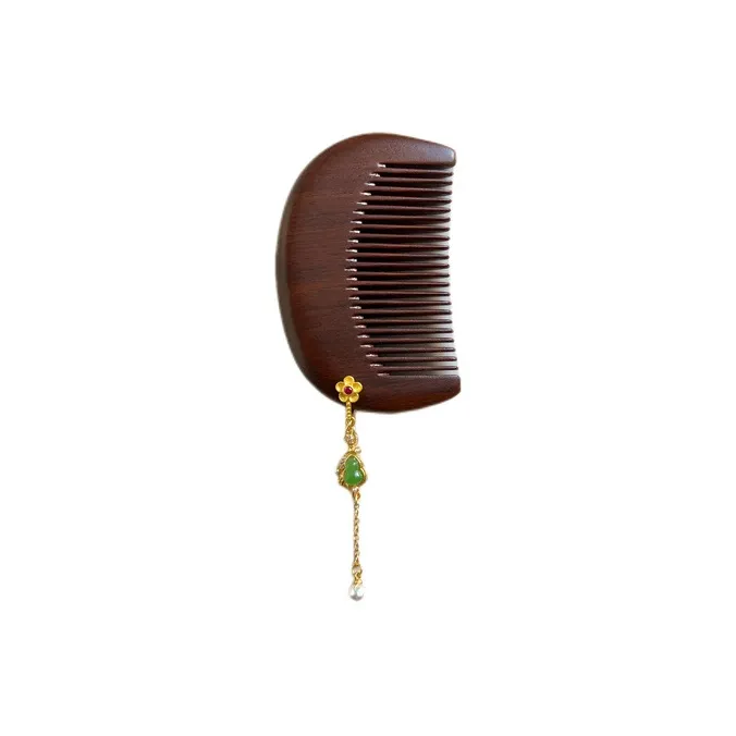 XIBI Carved Green Sandalwood Comb Natural Sandalwood Flat Comb Portable Mini Comb-0