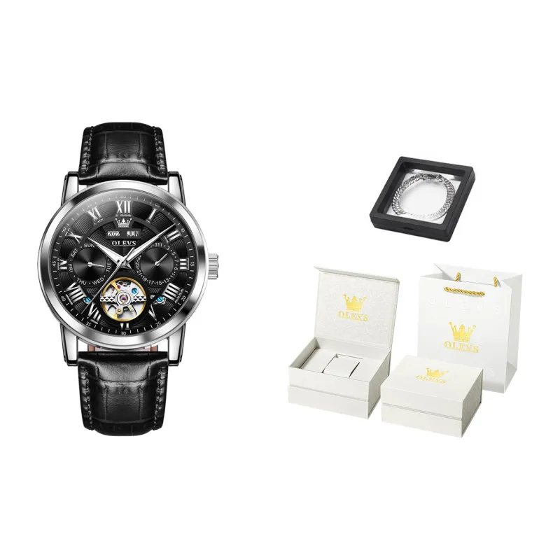 OLEVS Play The Cool Series Automatic Mechanical Movement Leather Strap Watch Men's Watches White Dial-27