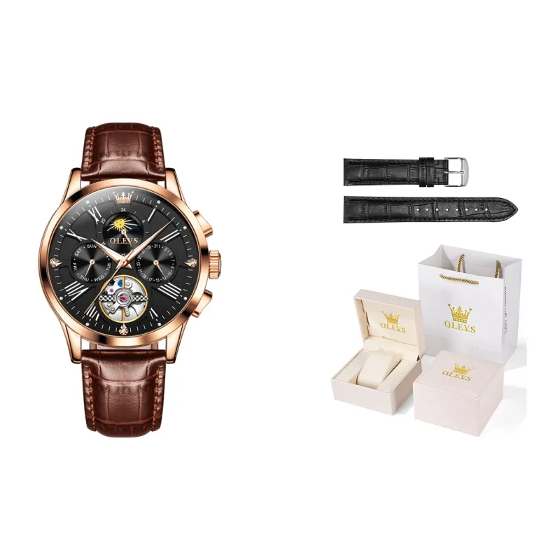 OLEVS Wisdom Series Mechanical Movement Leather Strap Watch Men's Watches Black Dial-24