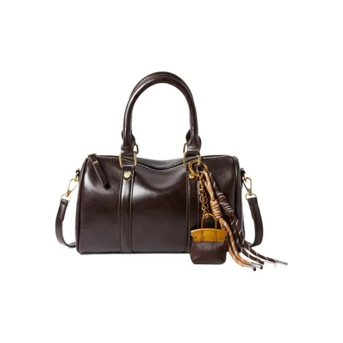 15 MINS Synthetic Leather Boston Bag Handbags Medium Size Women's Coffee/Brown