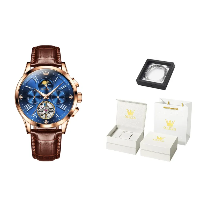 OLEVS Wisdom Series Mechanical Movement Leather Strap Watch Men's Watches Black Dial-47