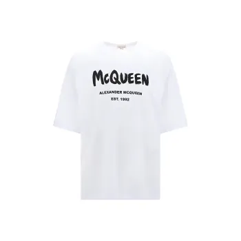 Alexander McQueen Logo Letter Print Crew Neck Short Sleeved T Shirt Men's White