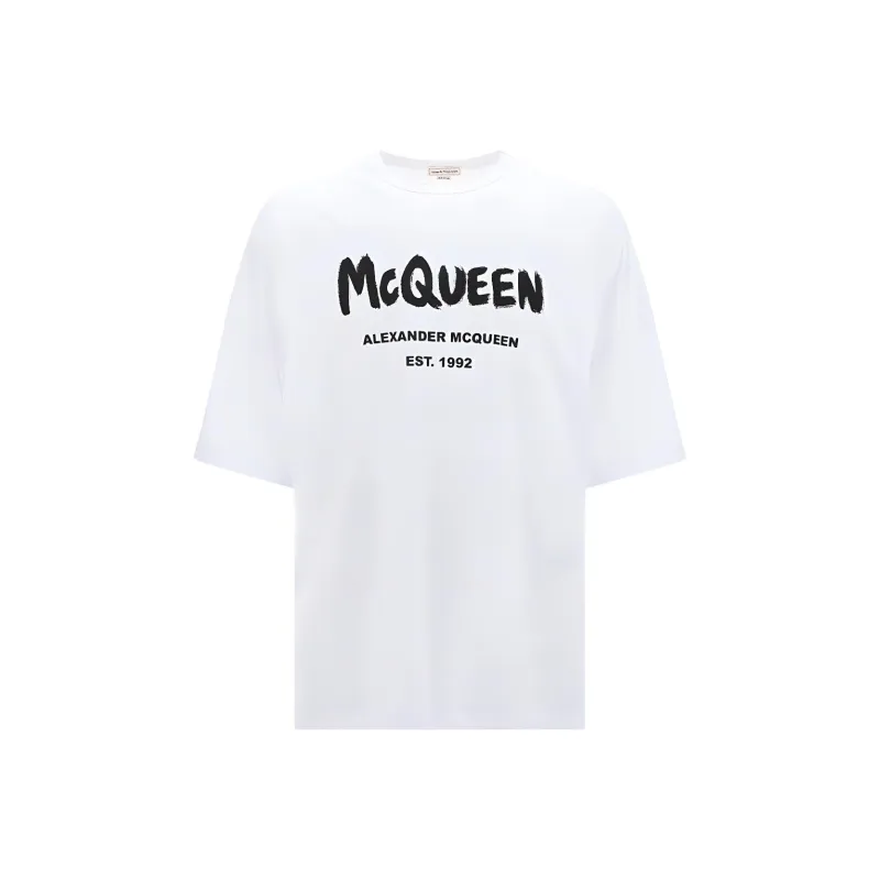 Alexander McQueen Logo Letter Print Crew Neck Short Sleeved T Shirt Men's White-0