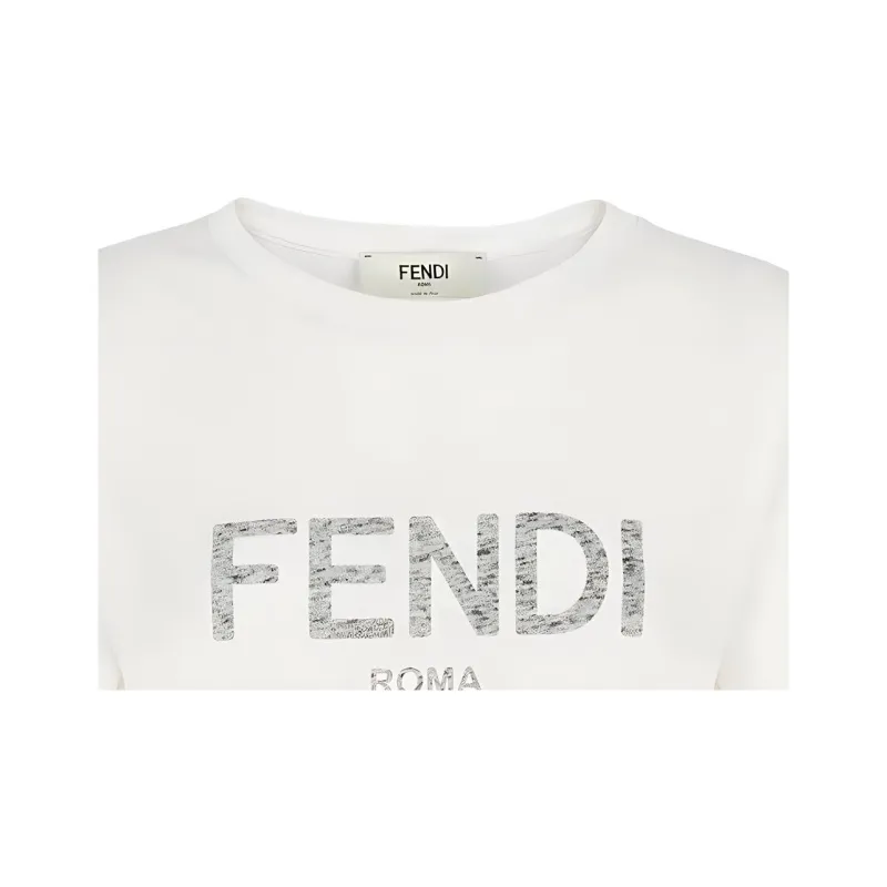 FENDI Logo Letter Print Straight Fit Short Sleeved T Shirt T Shirt Women's White-5