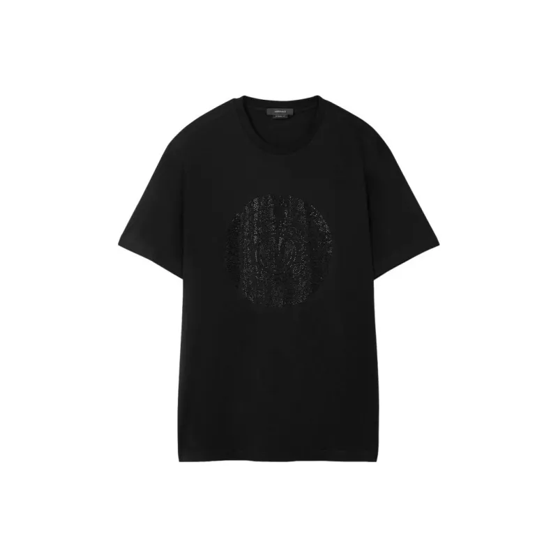 VERSACE Solid Color Logo Crystal Decoration Short-Sleeved T-Shirt Men's Black-0