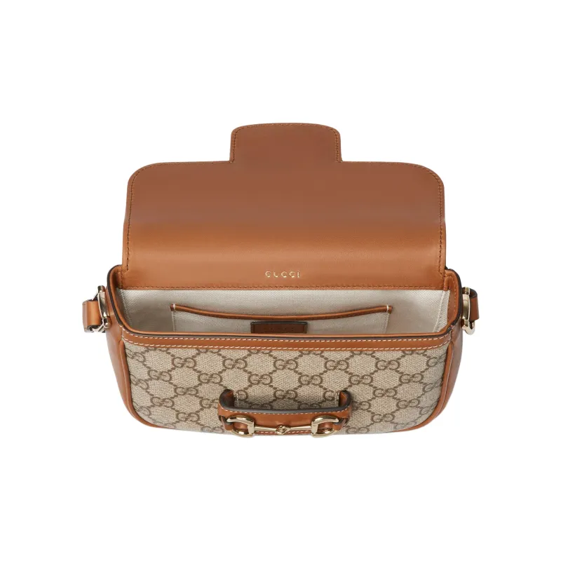 GUCCI Horsebit 1955 Canvas With Leather Saddle Bag Portable Crossbody Bag Shoulder Bag Mini Unisex Beige And Dark Brown-5