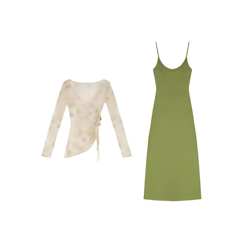 HeartyBite Skirt Set Women's Apricot External Shirt+Green Camisole Dress-1