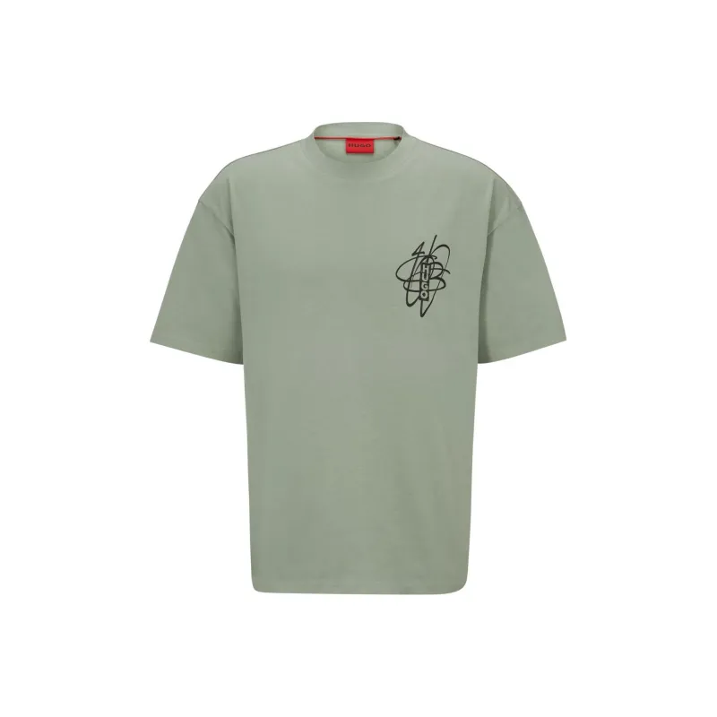 HUGO BOSS Oversized Fit Cotton T Shirt With Streetwear Artwork T Shirt Men's Green-0