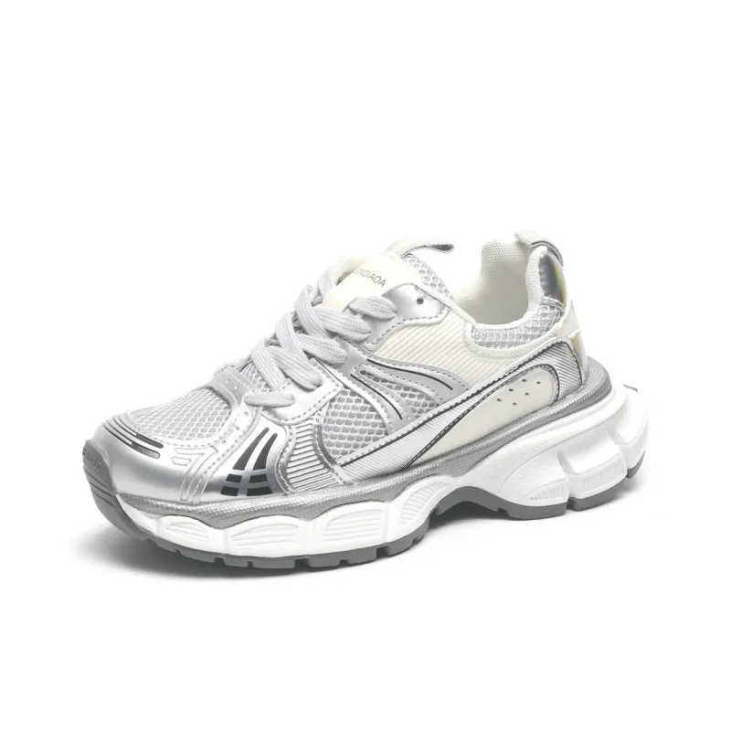 O.L Anti Slip Wear Resistant Breathable Height Increasing Low Top Chunky Sneakers Women's Silver-0