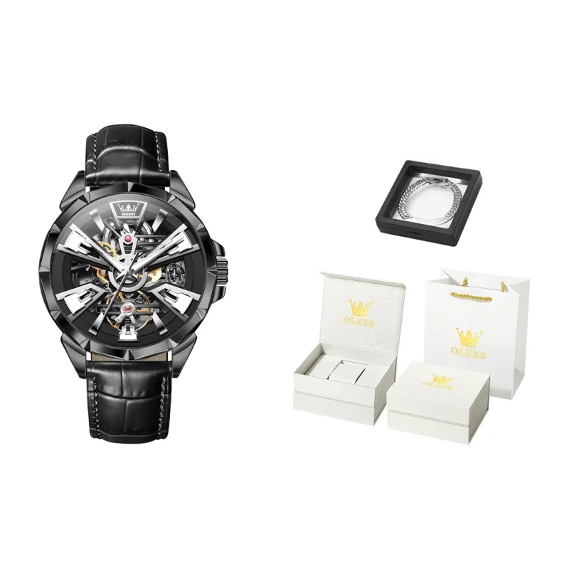 OLEVS Play The Cool Series Mechanical Movement Leather Watch Bands Watch Men's Watches Black Dial-16
