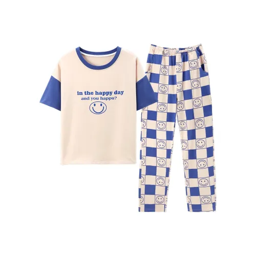 BONAS Pajama Set Women's Checkerboard Smiley Face