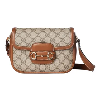 GUCCI Horsebit 1955 Canvas With Leather Saddle Bag Portable Crossbody Bag Shoulder Bag Mini Unisex Beige And Dark Brown