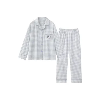 Xiang Ning Pai Pajama Set Women's Beige Blue Plaid