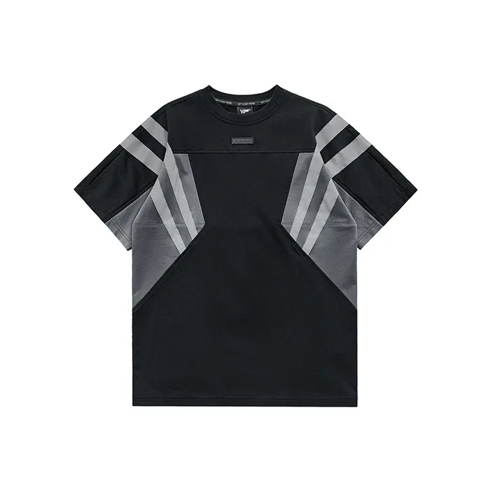 VIP Reflective Stripe Color Blocking Patchwork Crew Neck Short Sleeved T Shirts Men's Black-0