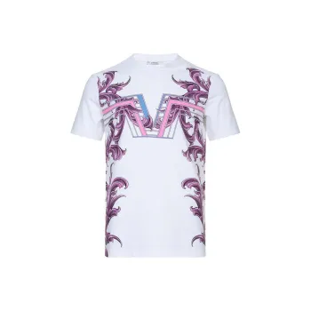 VERSACE Plant Pattern Print Crew Neck Pullover Short Sleeved T Shirt Men's White