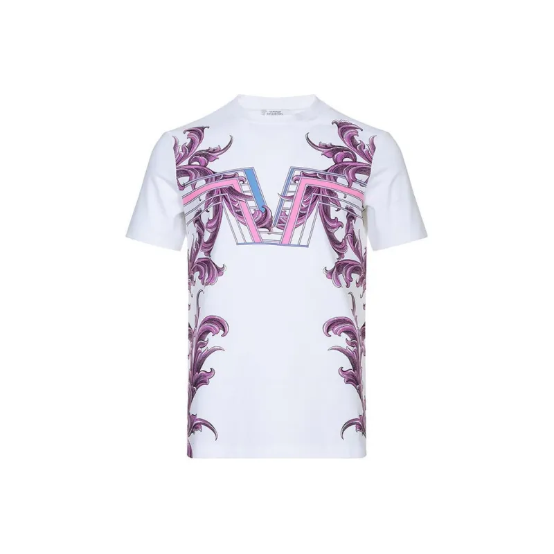 VERSACE Plant Pattern Print Crew Neck Pullover Short Sleeved T Shirt Men's White-0