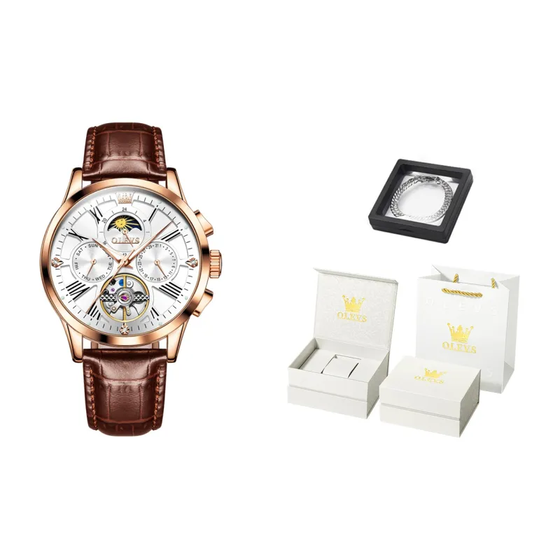 OLEVS Wisdom Series Mechanical Movement Leather Strap Watch Men's Watches Black Dial-52