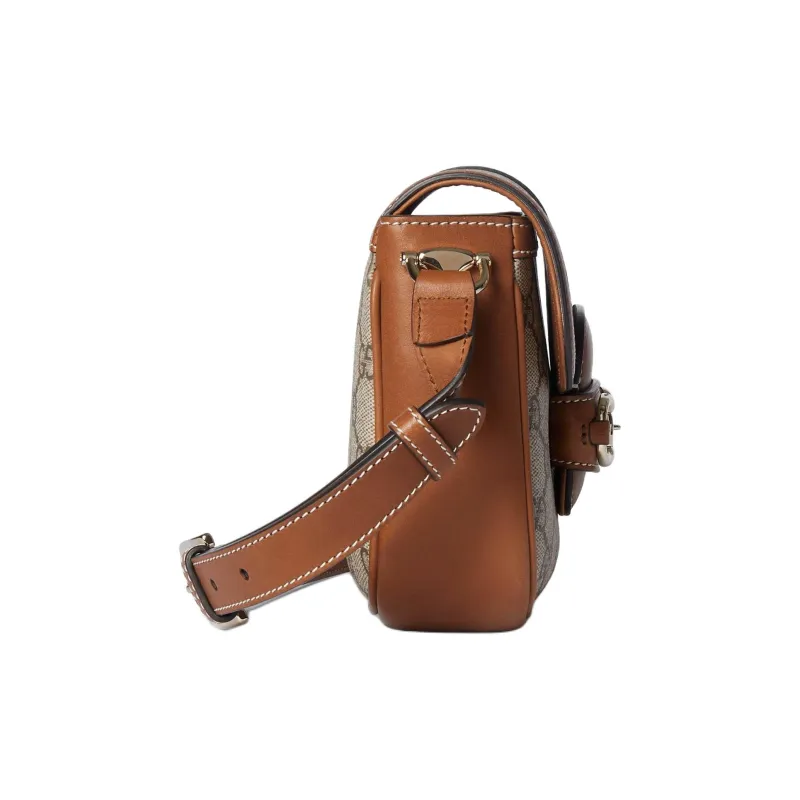 GUCCI Horsebit 1955 Canvas With Leather Saddle Bag Portable Crossbody Bag Shoulder Bag Mini Unisex Beige And Dark Brown-4