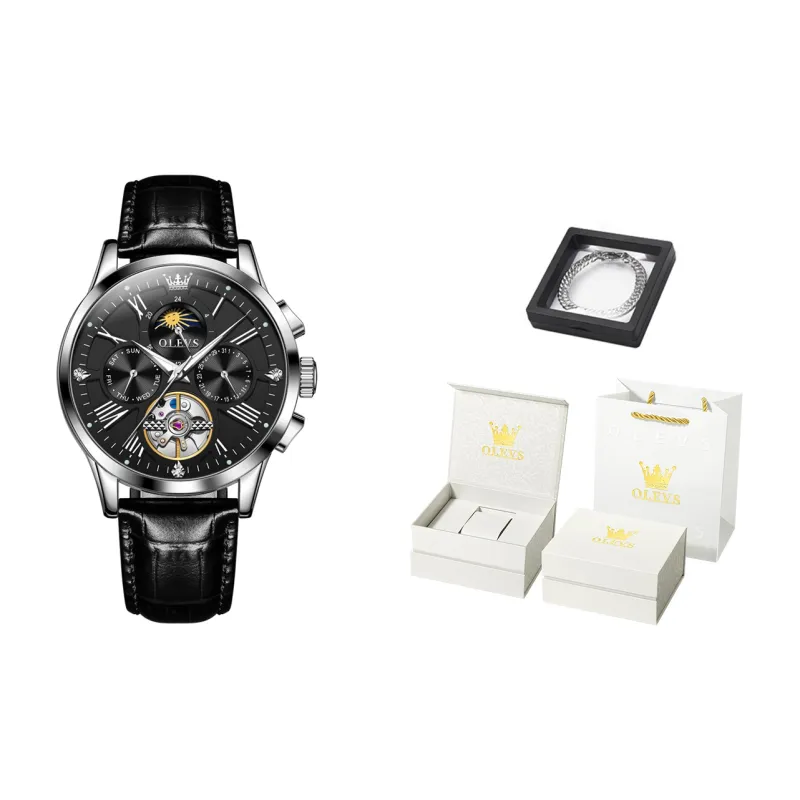 OLEVS Wisdom Series Mechanical Movement Leather Strap Watch Men's Watches Black Dial-41