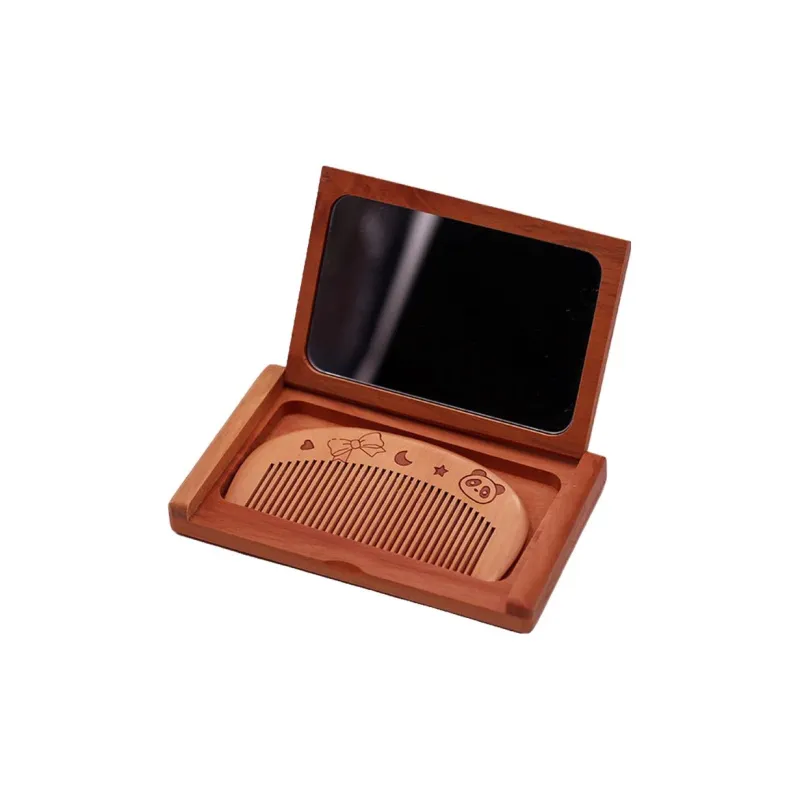 XIBI Peach Wood Red Sandalwood Flap Mirror Foldable Set With Comb And Makeup Mirror Portable And Decorative-2