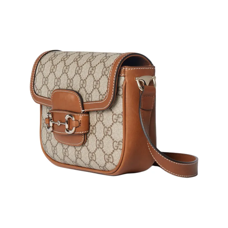 GUCCI Horsebit 1955 Canvas With Leather Saddle Bag Portable Crossbody Bag Shoulder Bag Mini Unisex Beige And Dark Brown-1