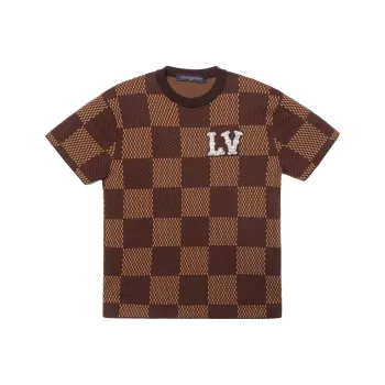 LOUIS VUITTON Short Sleeved Cotton Damier Crewneck With Crystal Lv Patch
