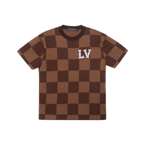 LOUIS VUITTON Short Sleeved Cotton Damier Crewneck With Crystal Lv Patch