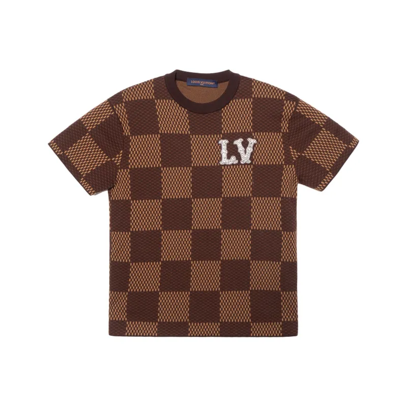 LOUIS VUITTON Short Sleeved Cotton Damier Crewneck With Crystal Lv Patch-0
