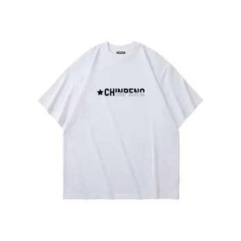Chinpeno Brand Letter Print American Casual Loose Fit Drop Shoulder Crew Neck Breathable Short Sleeved T Shirt Unisex