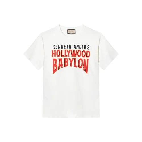 GUCCI Letter Patterned Print Cotton Short Sleeved T Shirt Men's White