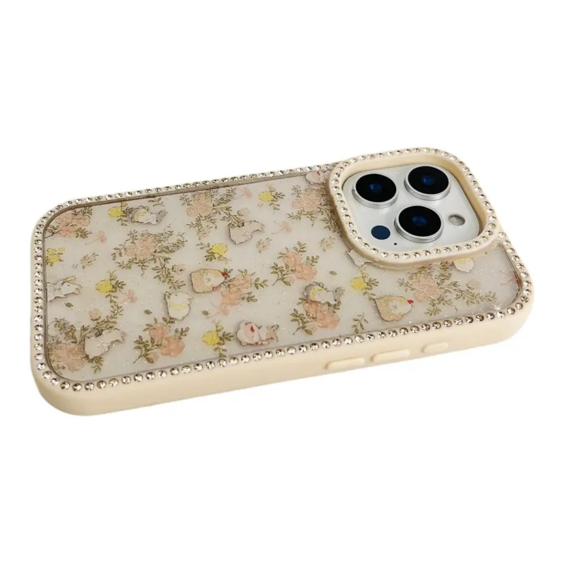 Sopi Acrylic Material Glitter Floral Rabbit Phone Cases Compatible With IPhone 16/15 Pro Max/Apple 13/14 Pro/Max-3