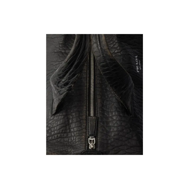 PRADA Lambskin Travel Bag Unisex Black-4