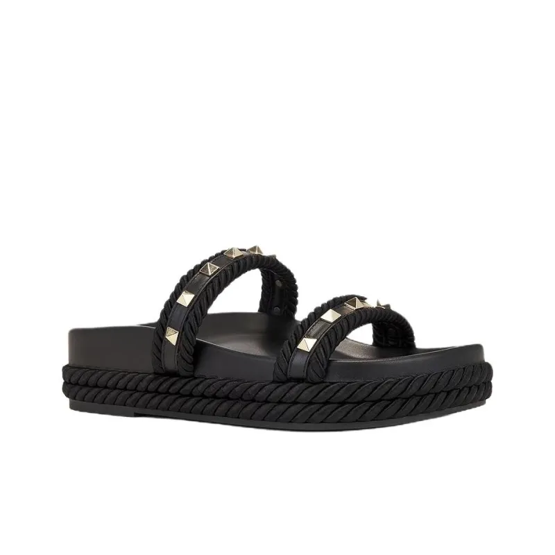 Valentino Rockstud Slide Slippers Women's Black-2
