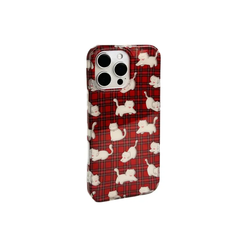 Sopi Acrylic Material Red Plaid Little White Cat Phone Cases Compatible With IPhone 16/15 Pro Max/Apple 13/14 Pro/Max-1