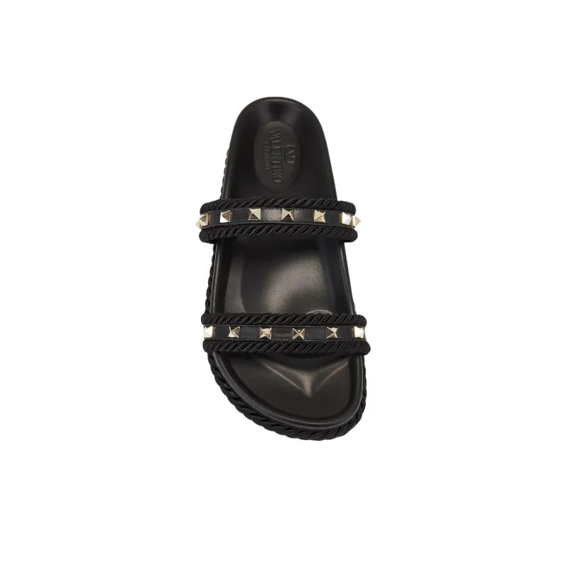 Valentino Rockstud Slide Slippers Women's Black-4