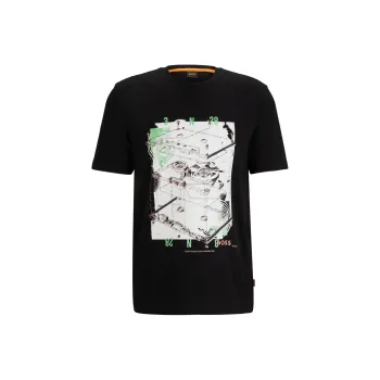 HUGO BOSS Cotton Jersey T Shirt With Seasonal Print T Shirt Men's Black
