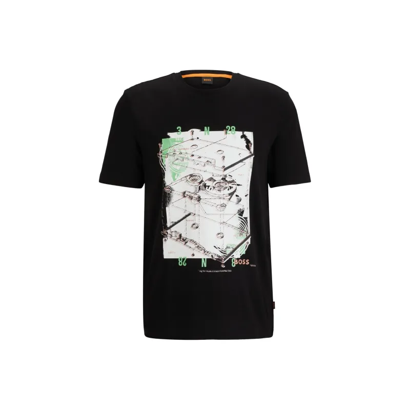 HUGO BOSS Cotton Jersey T Shirt With Seasonal Print T Shirt Men's Black-0