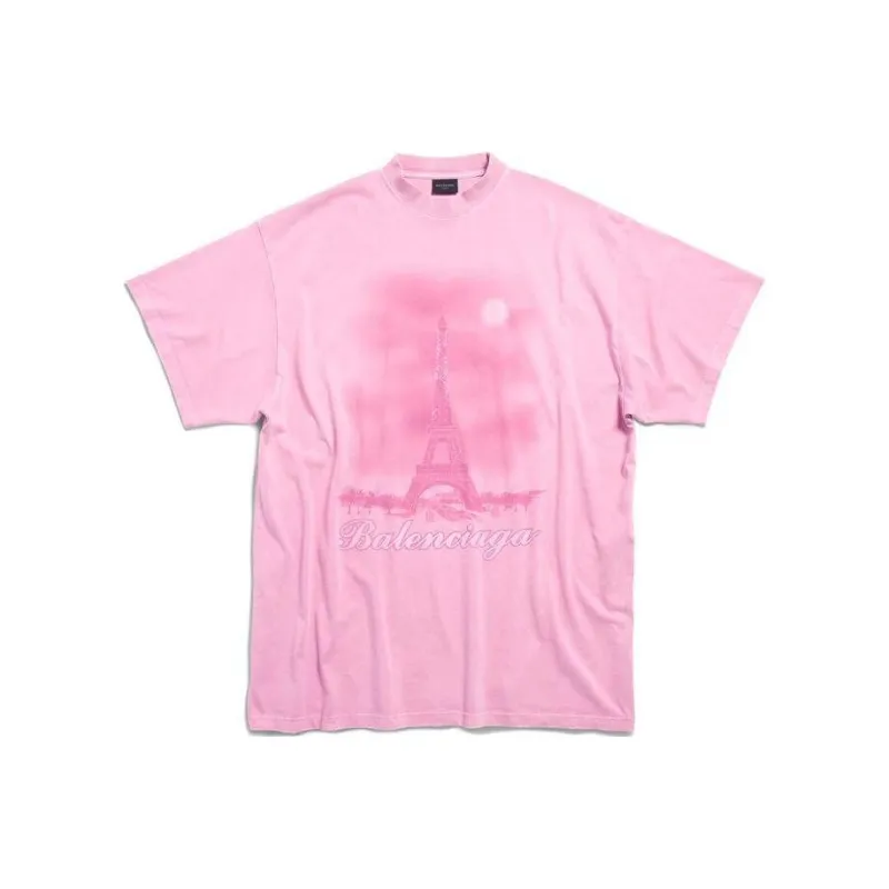 Balenciaga Drop Shoulder Sleeve T Shirt Unisex Pink Loose Fit-0
