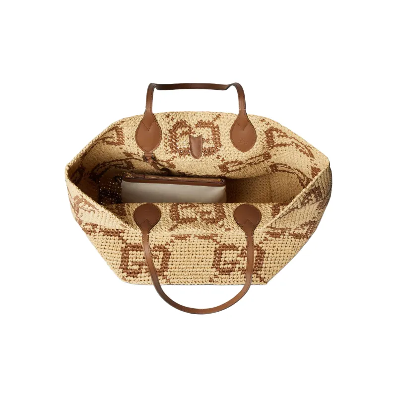 GUCCI Raffia Tote Bag, Shopping Bag, Handbag, Shoulder Bag Medium Size Women's Brown-5