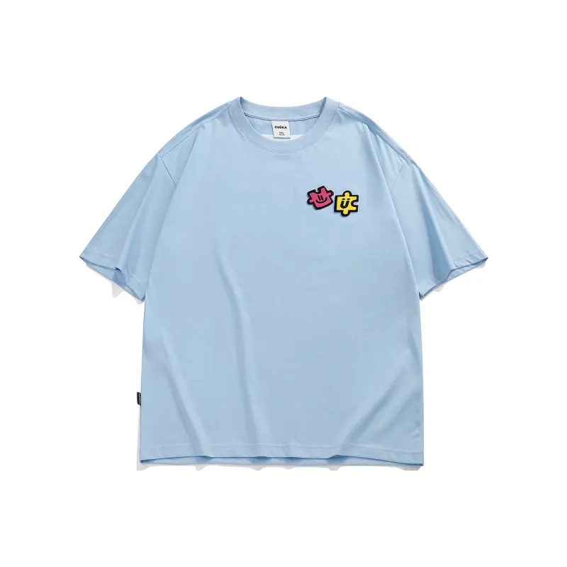 Guuka x AGAHO Slightly Drop Shoulder Short Sleeved T Shirts Unisex Pink Blue-0