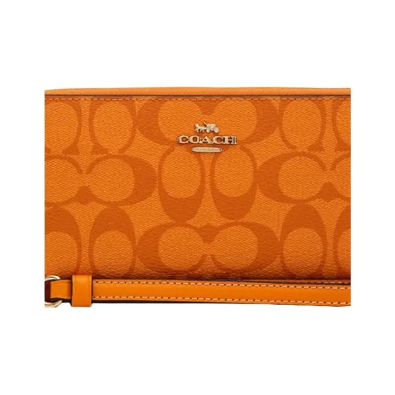 COACH Zip Around Canvas With Leather Wrist Bag Wallet Small Size Women's Light Orange-3