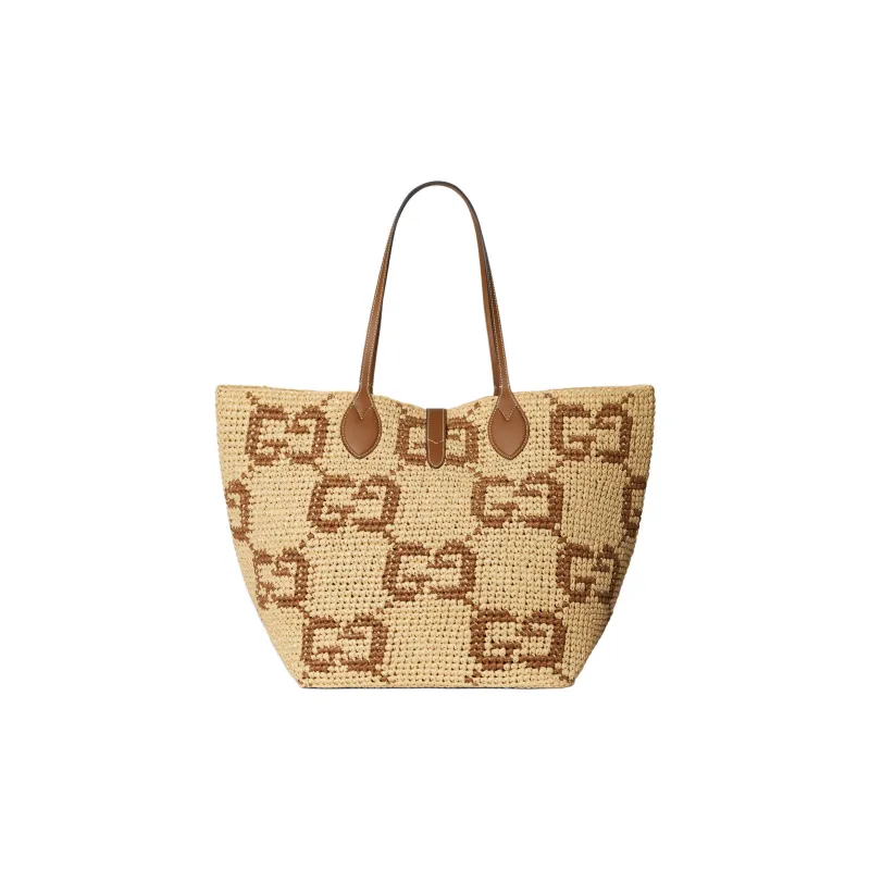 GUCCI Raffia Tote Bag, Shopping Bag, Handbag, Shoulder Bag Medium Size Women's Brown-4