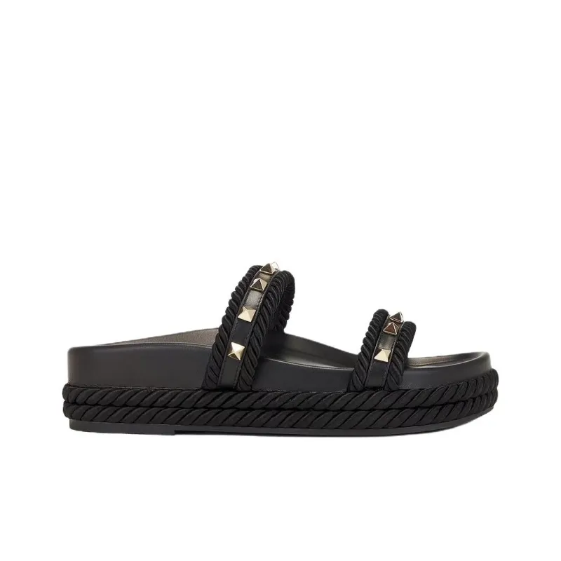 Valentino Rockstud Slide Slippers Women's Black-1