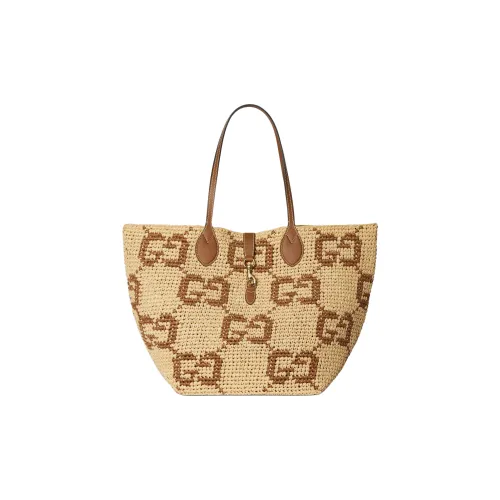 GUCCI Raffia Tote Bag, Shopping Bag, Handbag, Shoulder Bag Medium Size Women's Brown
