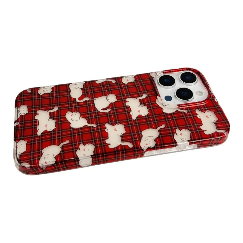 Sopi Acrylic Material Red Plaid Little White Cat Phone Cases Compatible With IPhone 16/15 Pro Max/Apple 13/14 Pro/Max-3